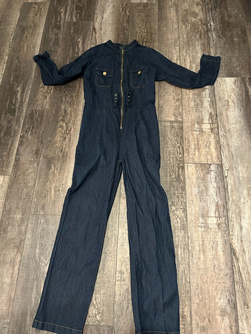 Ashley Stewart Dark Blue Long-Sleeve Front-Zip Jumpsuit. J3